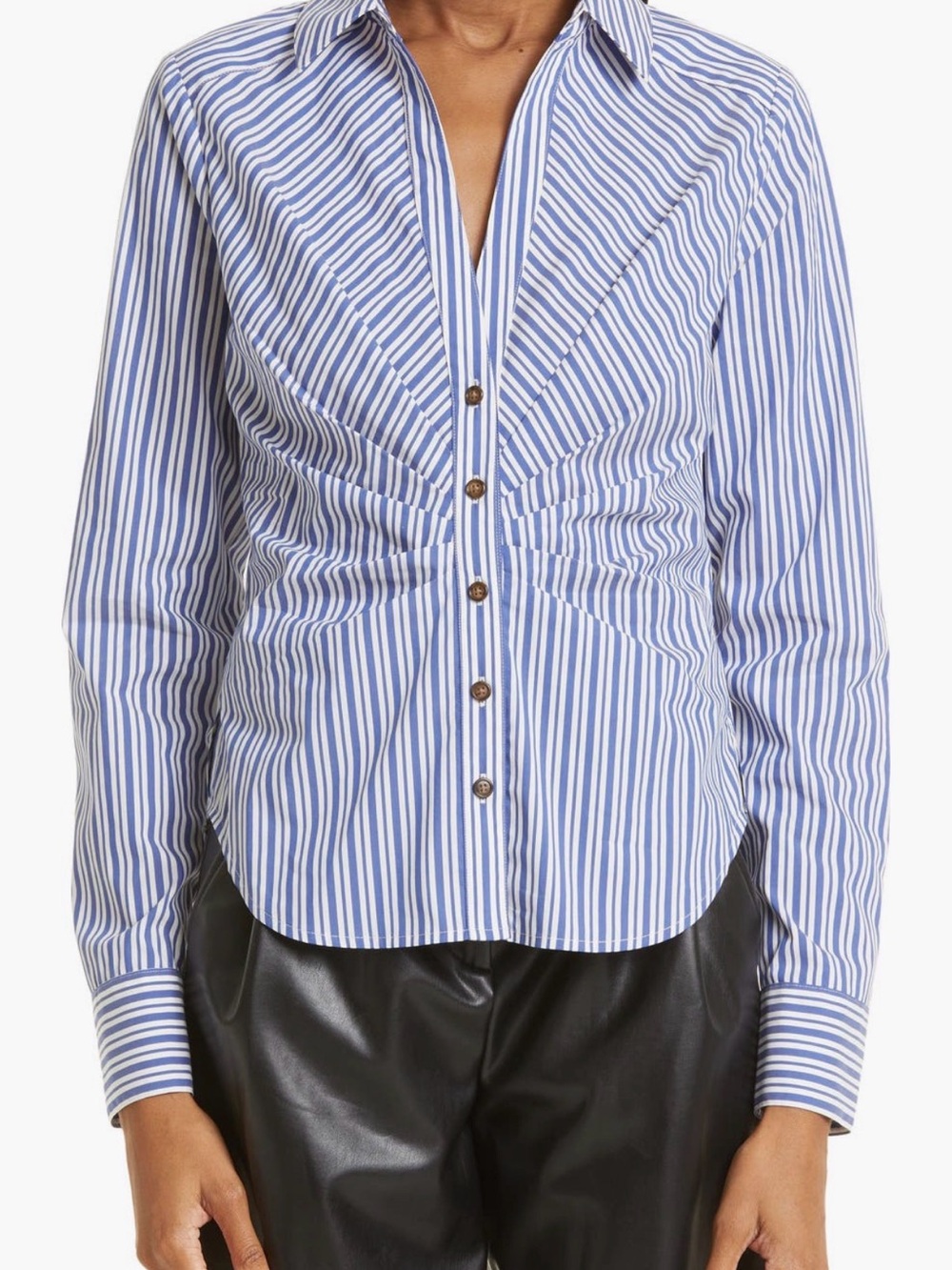Veronica Beard Blue and White Striped Ruched Front Button-Down Shirt